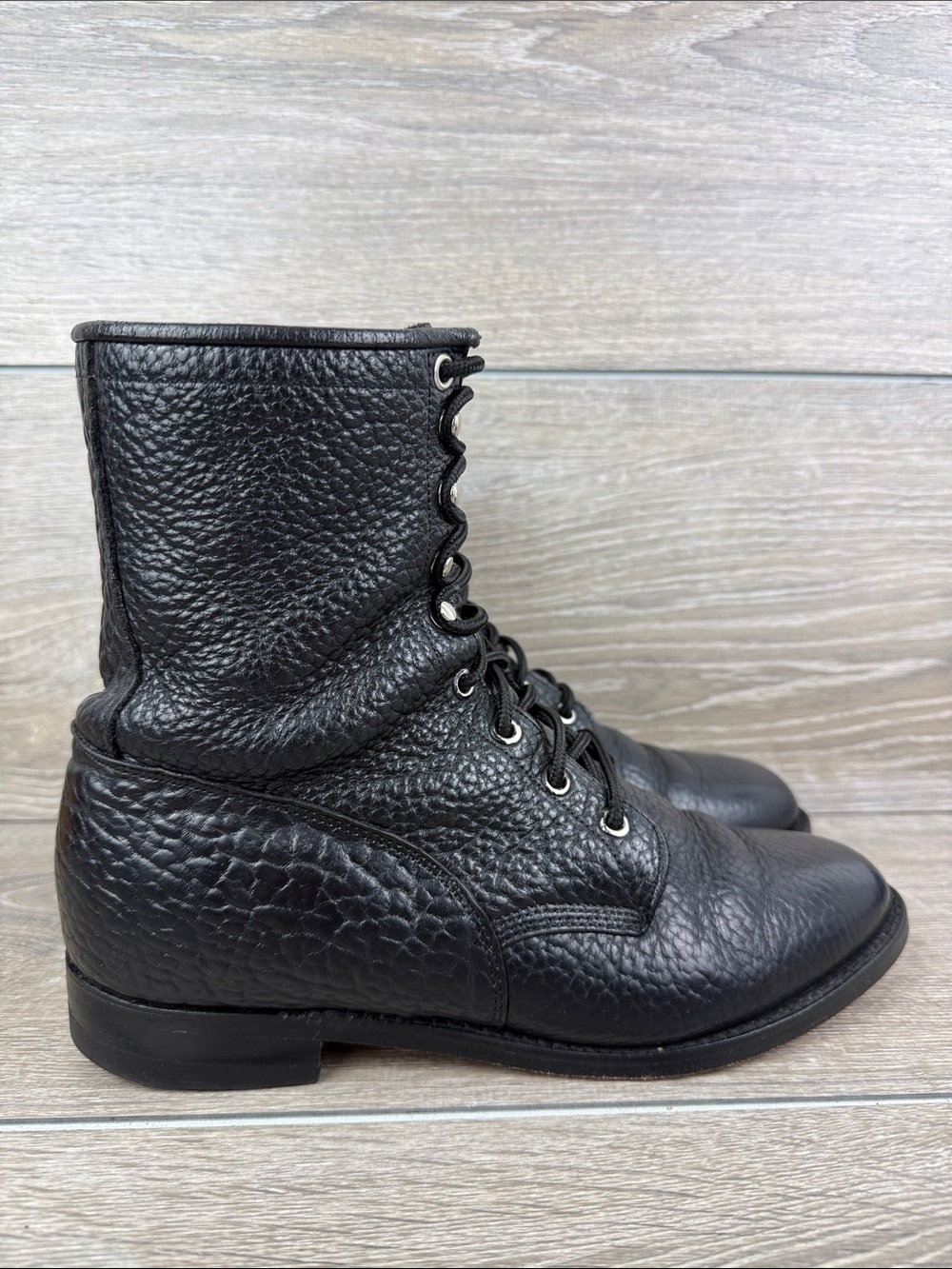 Justin Boots 522 Mens Sz 7.5E Wide Black Bullhide Leather Roper Lacer Boots